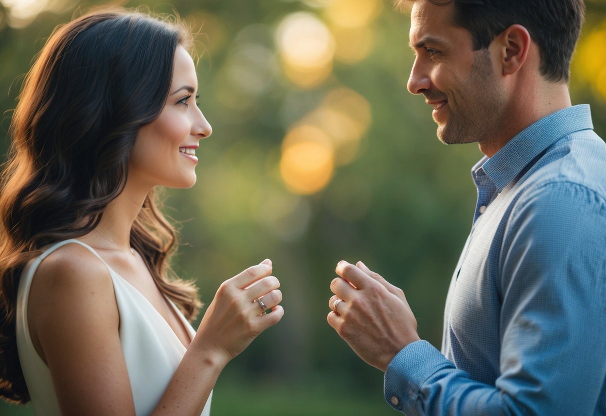 A man and a woman stand facing each other, each holding a simple ring in their hand, with a sense of anticipation and commitment in the air