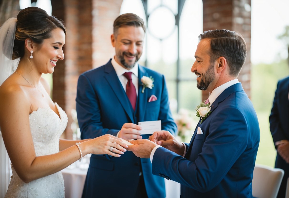 A couple exchanging wedding rings while a parent offers a check