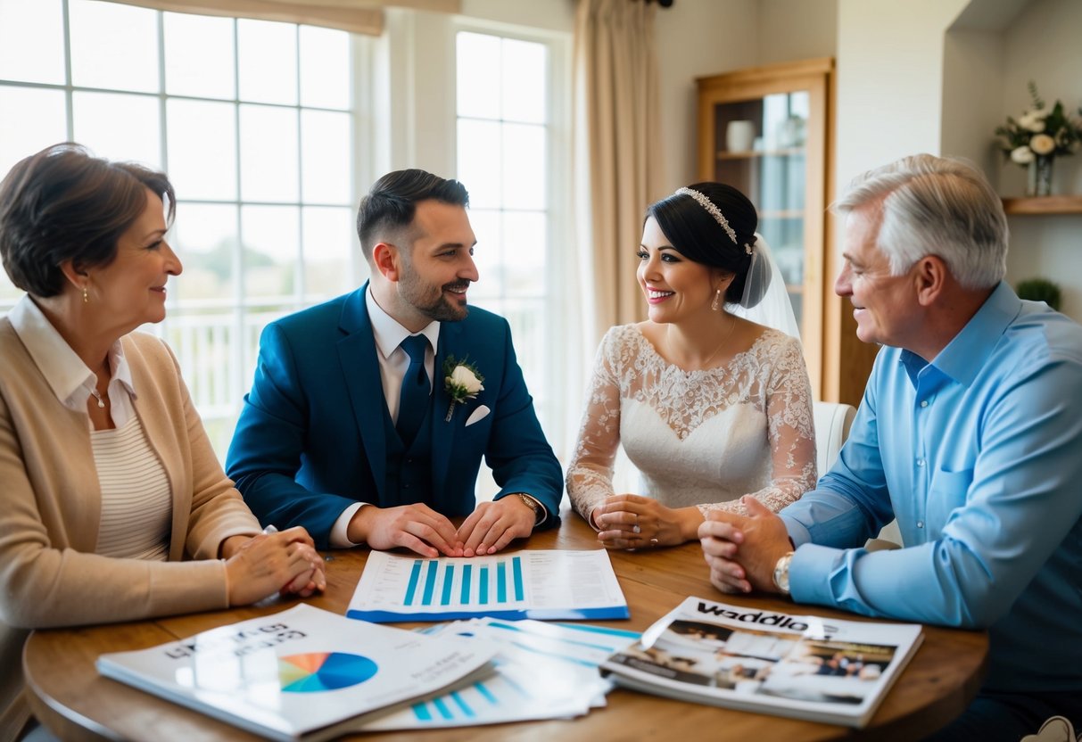 A couple and their parents discussing wedding expenses at a cozy dining table, with a budget spreadsheet and wedding magazines spread out in front of them