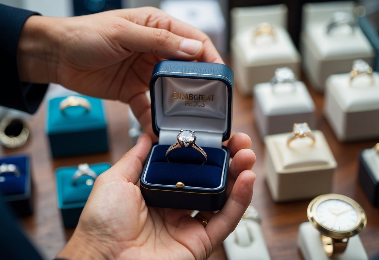 A person holding a small jewelry box containing a man's engagement ring, with a display of various ring options in the background