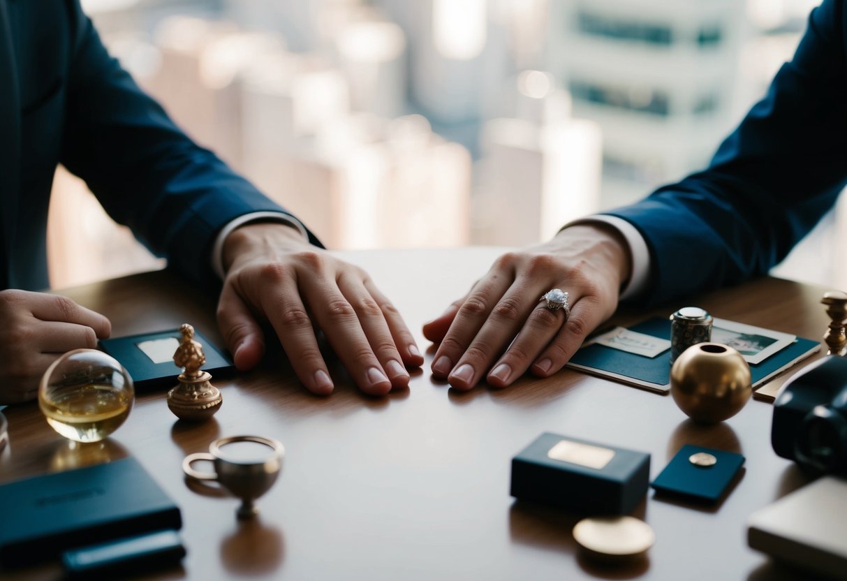 A couple's hands resting on a table, one with a wedding ring and the other without, surrounded by various objects that represent individuality and personal choice
