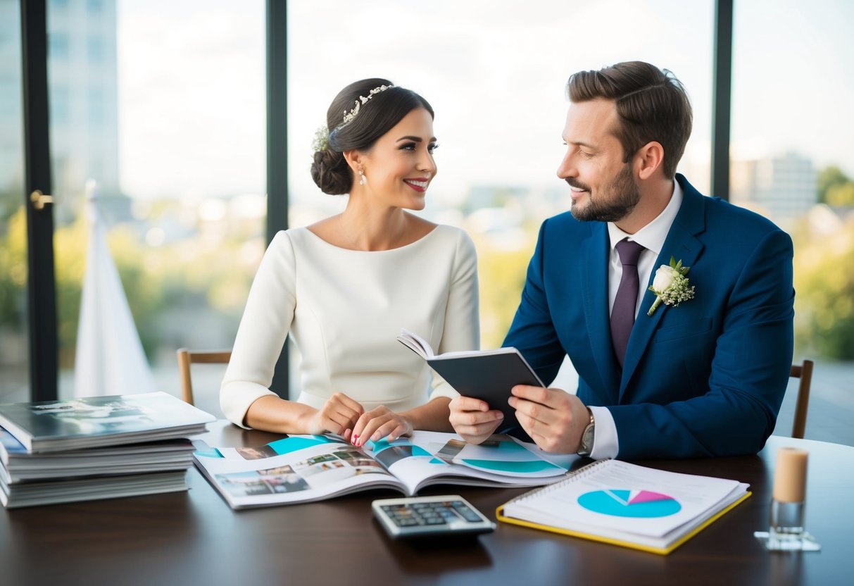 A couple sitting at a table with wedding magazines, a calculator, and a notebook, discussing budgeting and planning for their big day