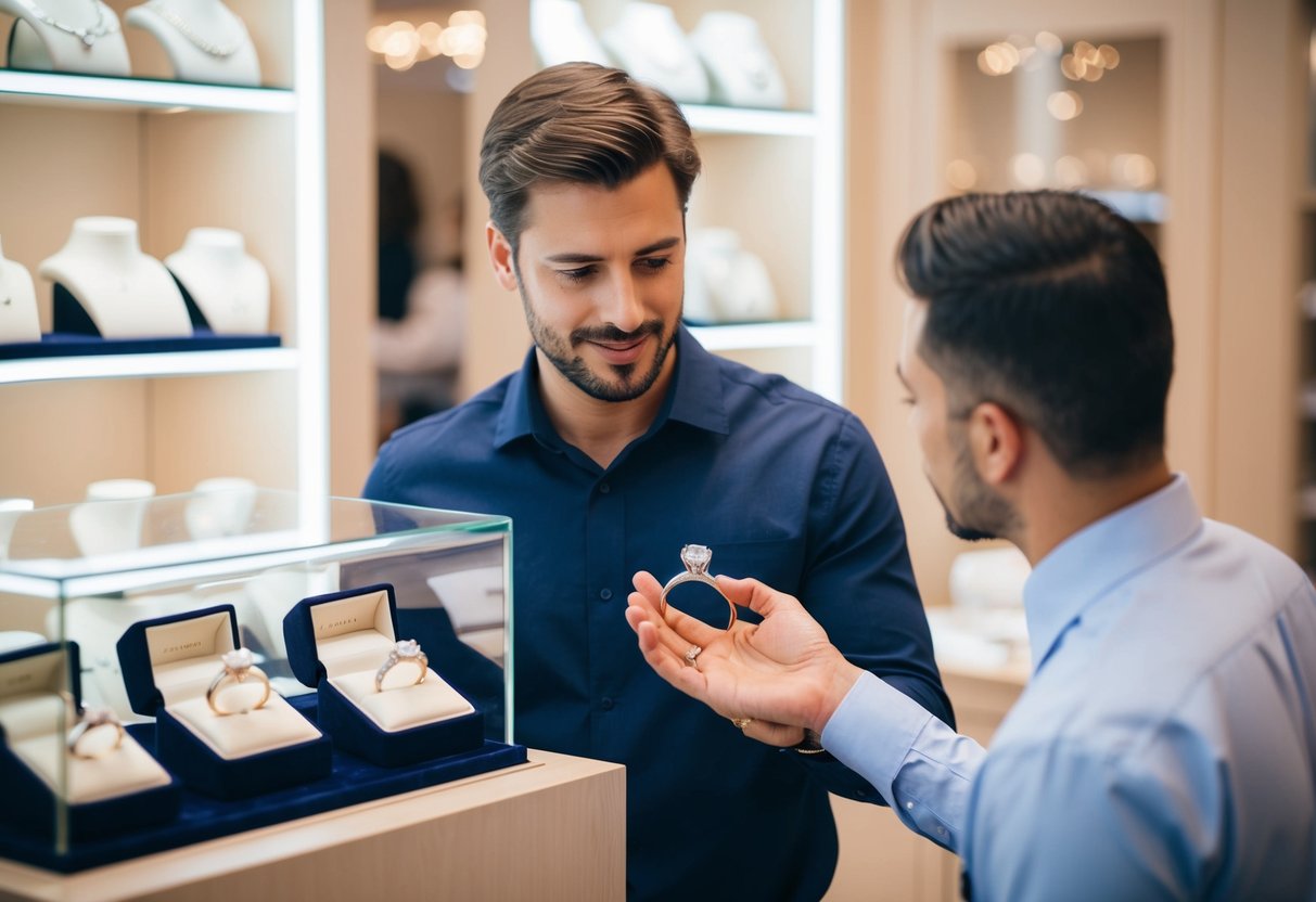 A man browsing through a display of engagement rings at a jewelry store, with a salesperson assisting him