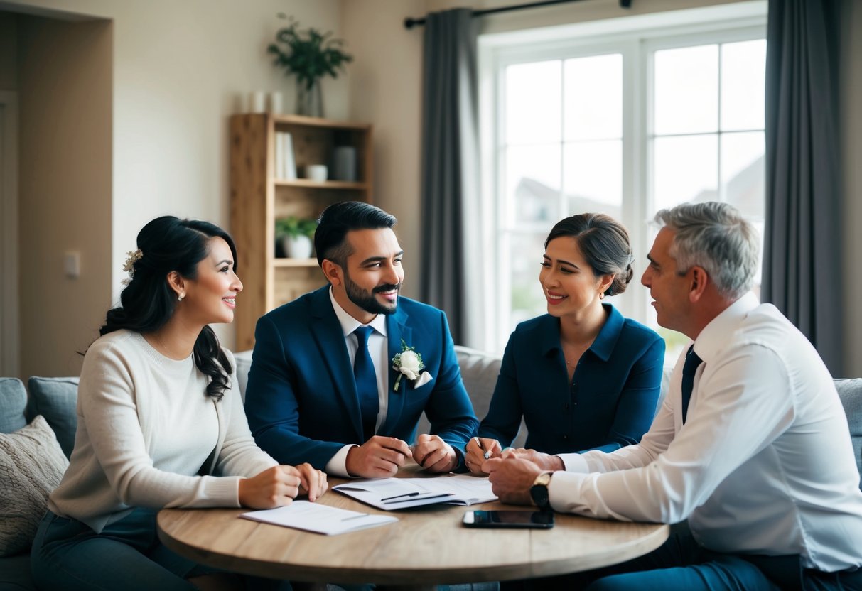 A couple and their parents discussing wedding expenses at a cozy living room table, with a mix of emotions on their faces