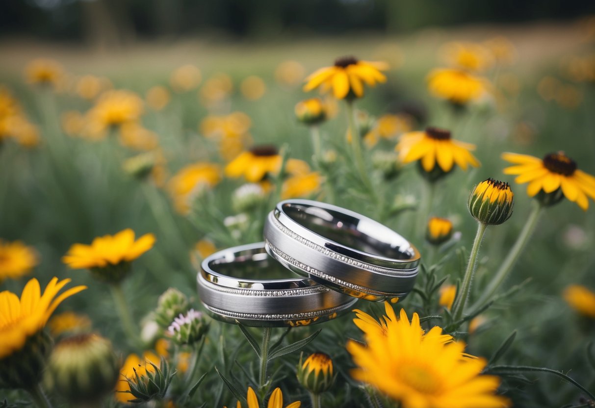 A couple's intertwined wedding bands resting on a bed of wildflowers