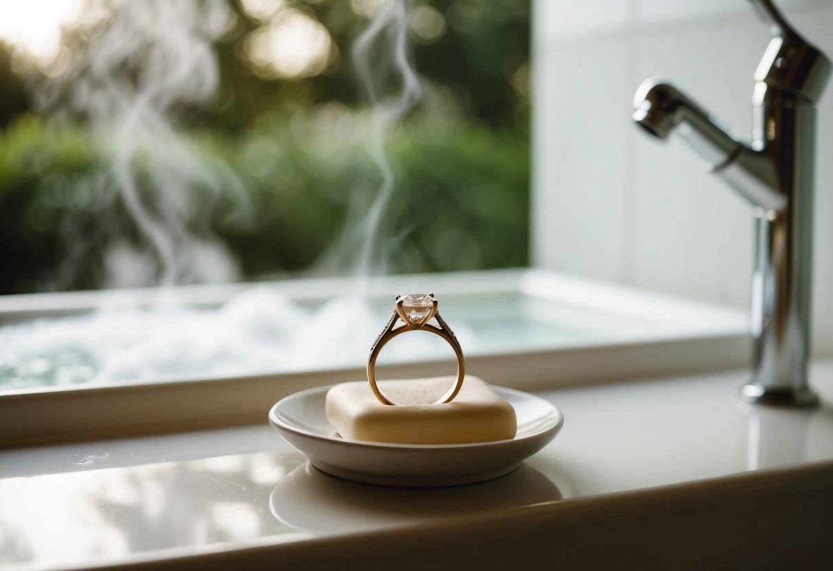 A wedding ring resting on a soap dish next to a steaming shower