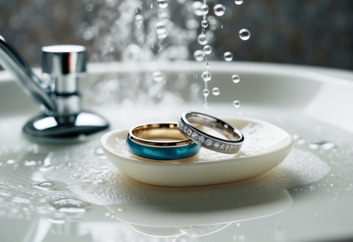 Two wedding rings resting on a soap dish in a shower, surrounded by water droplets and steam
