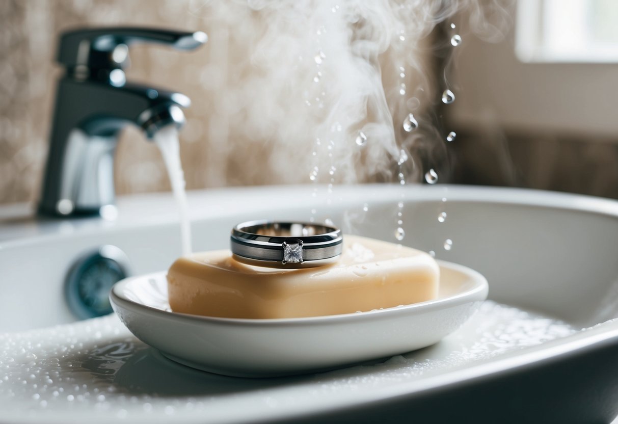 A wedding ring resting on a soap dish in a steamy bathroom, surrounded by droplets of water