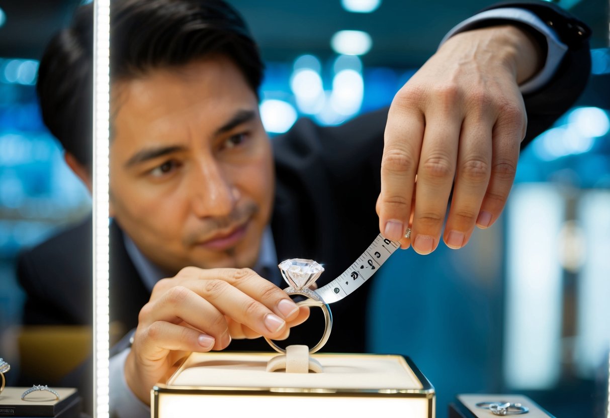 A jeweler carefully measures and inspects a sparkling diamond ring in a well-lit display case