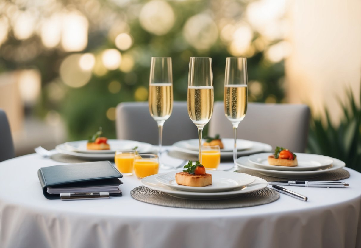 A table set with elegant brunch dishes and champagne glasses, with a checkbook and pen placed on the side