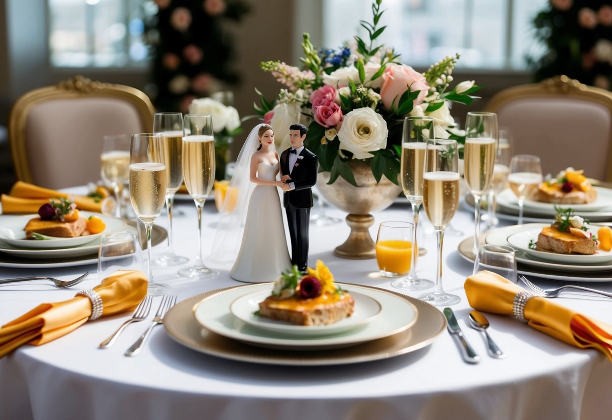 A table set with elegant brunch dishes, surrounded by champagne glasses and floral centerpieces. A bride and groom figurine stands at the center