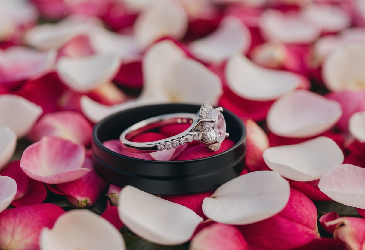 A single wedding ring resting on a bed of rose petals