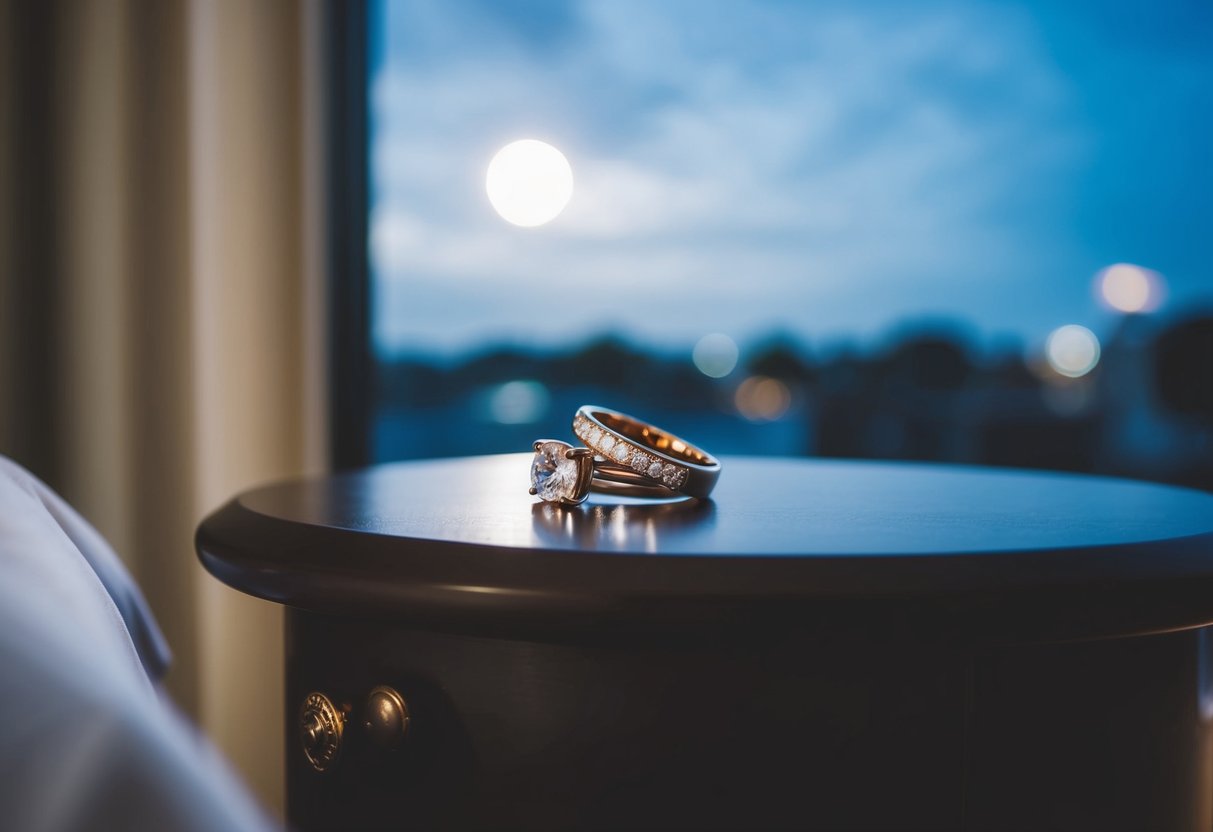 A wedding ring resting on a bedside table, illuminated by soft moonlight