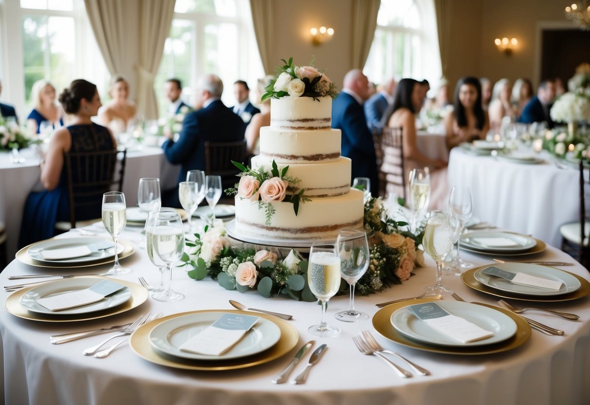 A table set with elegant plates and cutlery, adorned with a tiered cake and floral arrangements, awaits guests at a bridal brunch
