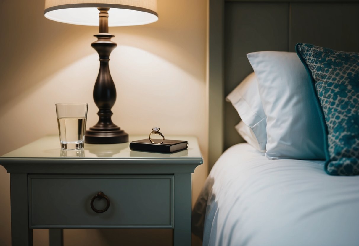 A bedside table with a wedding ring placed on top, next to a glass of water and a lamp