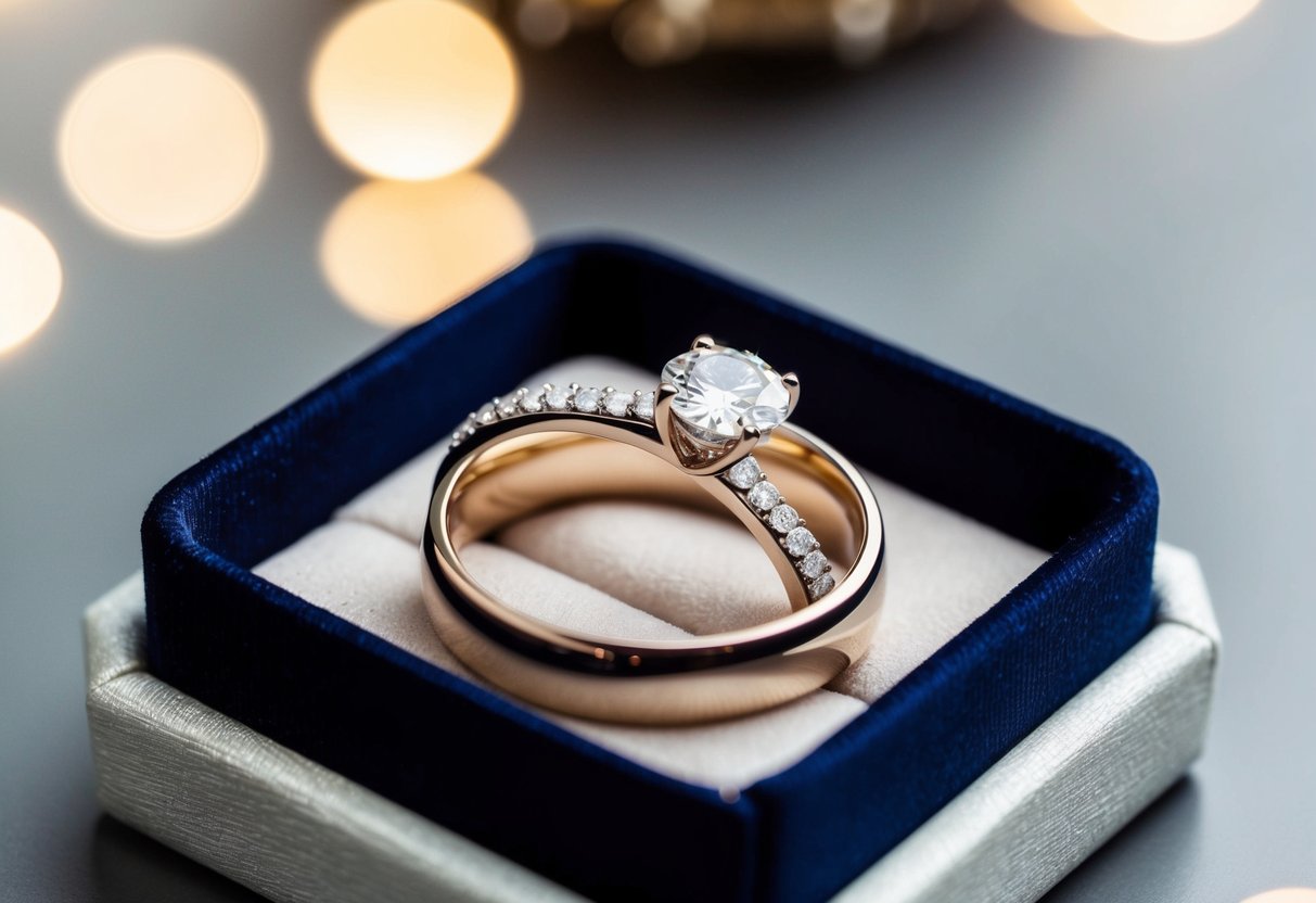 A sparkling engagement ring and a sleek wedding band resting together on a velvet-lined jewelry tray