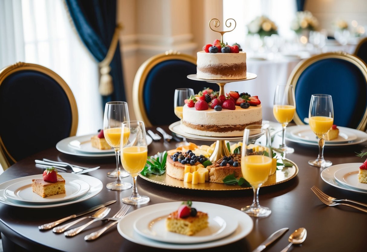 A beautifully set table with a variety of elegant brunch dishes, including a tiered cake as the centerpiece