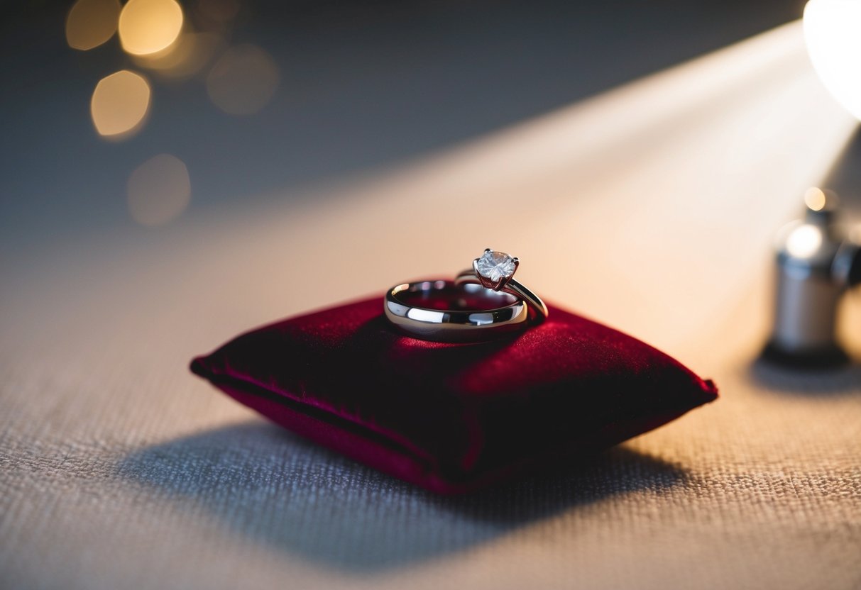 A single wedding ring resting on a velvet cushion, with a soft spotlight highlighting its simple and elegant design