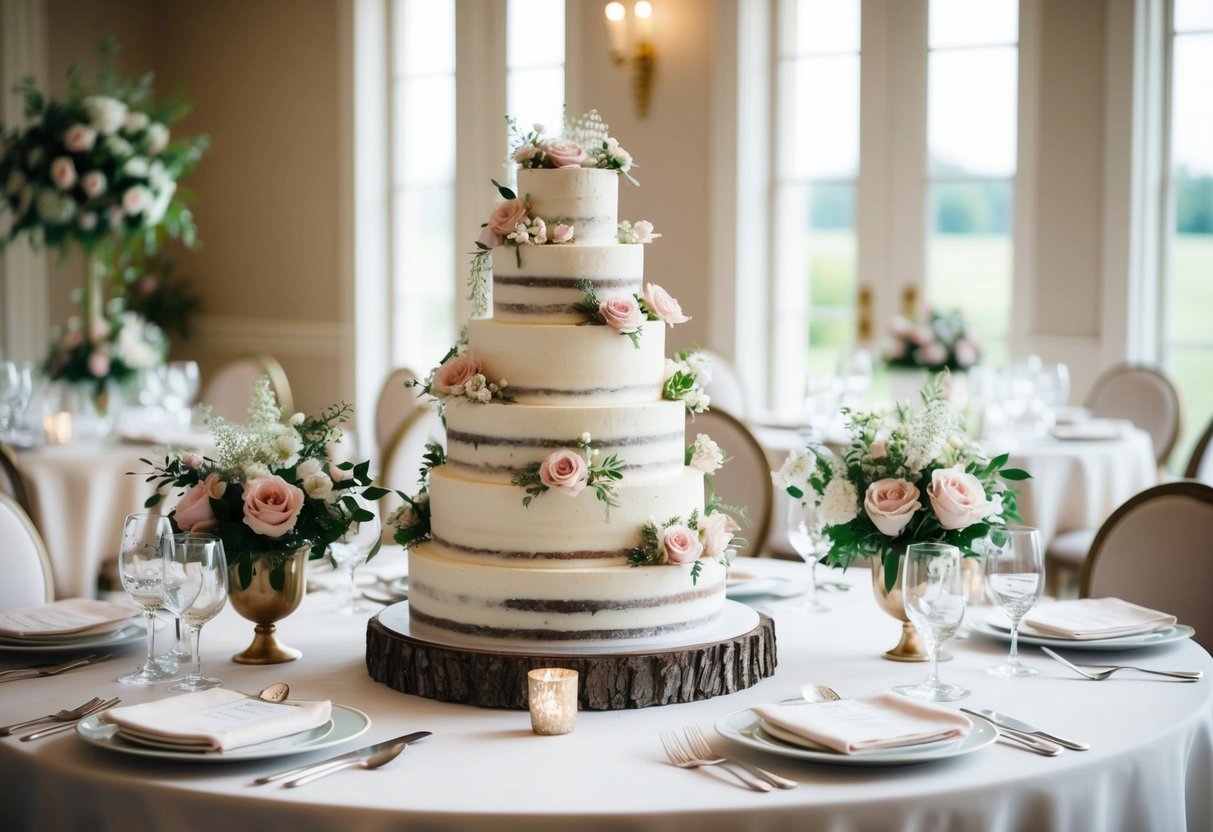 A tiered cake adorned with delicate flowers sits on a table surrounded by elegant tableware and floral decorations at a bridal brunch