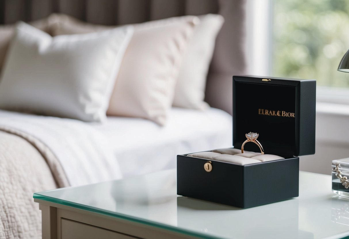 A bedside table with a wedding ring placed next to a jewelry box and a soft, cozy bed in the background
