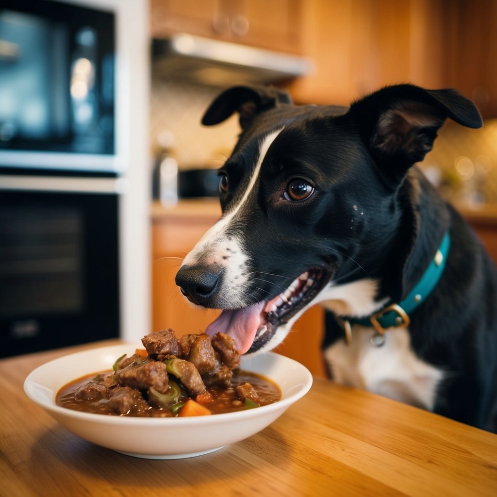 A happy dog eagerly eats a bowl of hearty beef stew, tail wagging and tongue lapping up the savory meal
