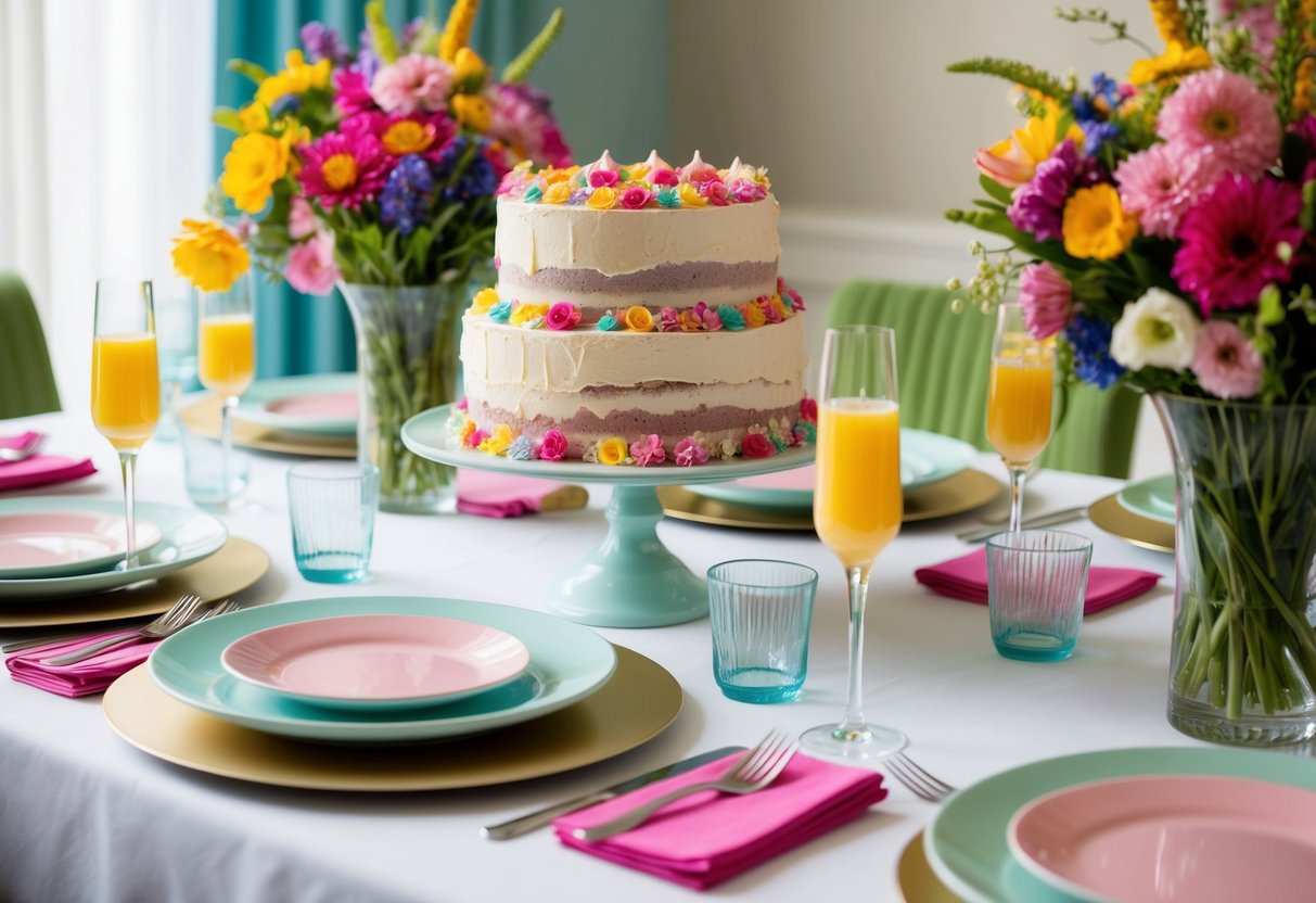 A table set with colorful floral centerpieces, pastel plates, and a tiered cake stand adorned with a decadent, frosted cake. Mimosa glasses and festive napkins add to the celebratory atmosphere
