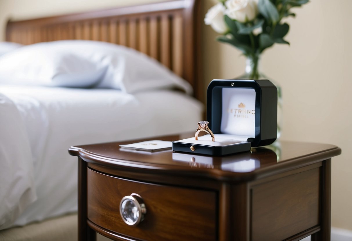 A bedside table with a wedding ring on and off options, with a cozy bed in the background