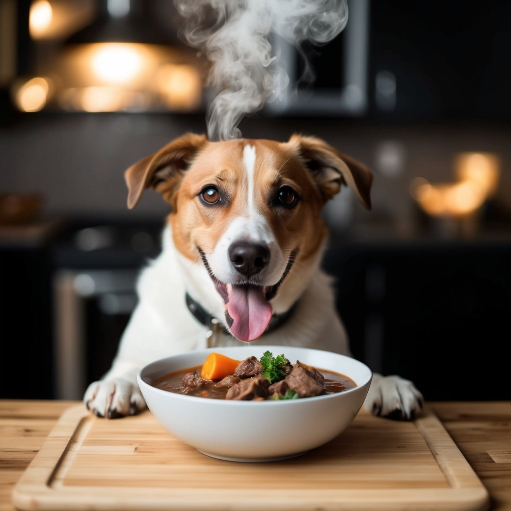 A happy dog eagerly eating a bowl of homemade beef stew, with steam rising from the hearty meal