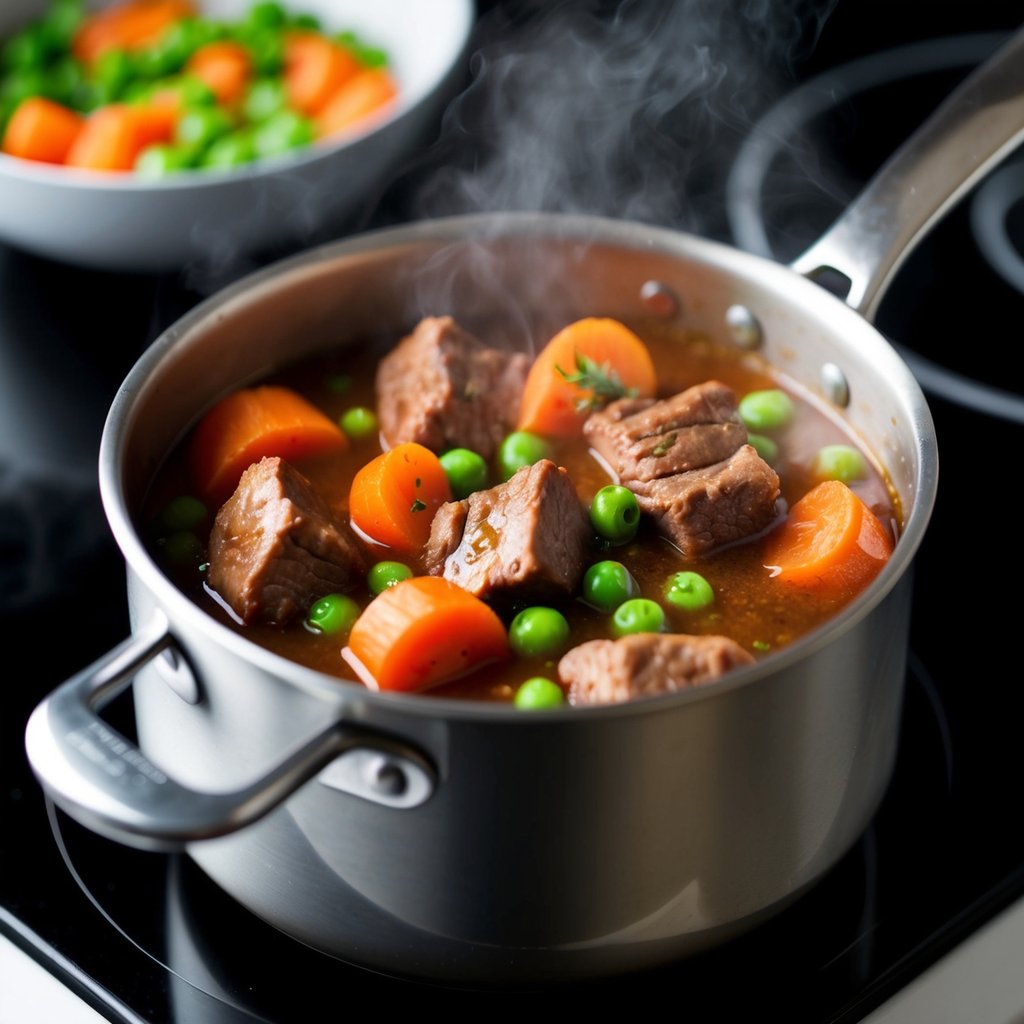 A pot of simmering beef stew with carrots, peas, and chunks of meat, steaming on a stove