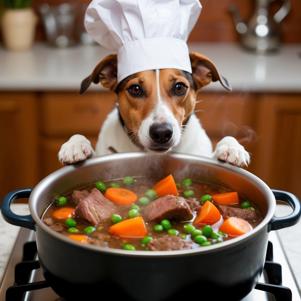 A dog wearing a chef's hat stirs a pot of beef stew over a simmering stove. Carrots, peas, and chunks of meat float in the bubbling broth