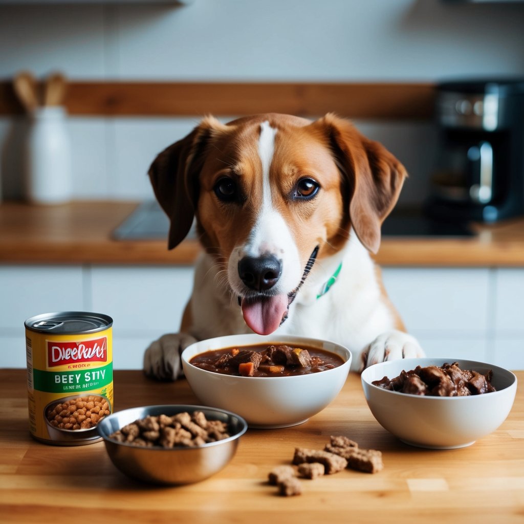 A happy dog eagerly eats from a bowl of beef stew, while another bowl sits on a kitchen counter next to a can of dog food and a bag of treats
