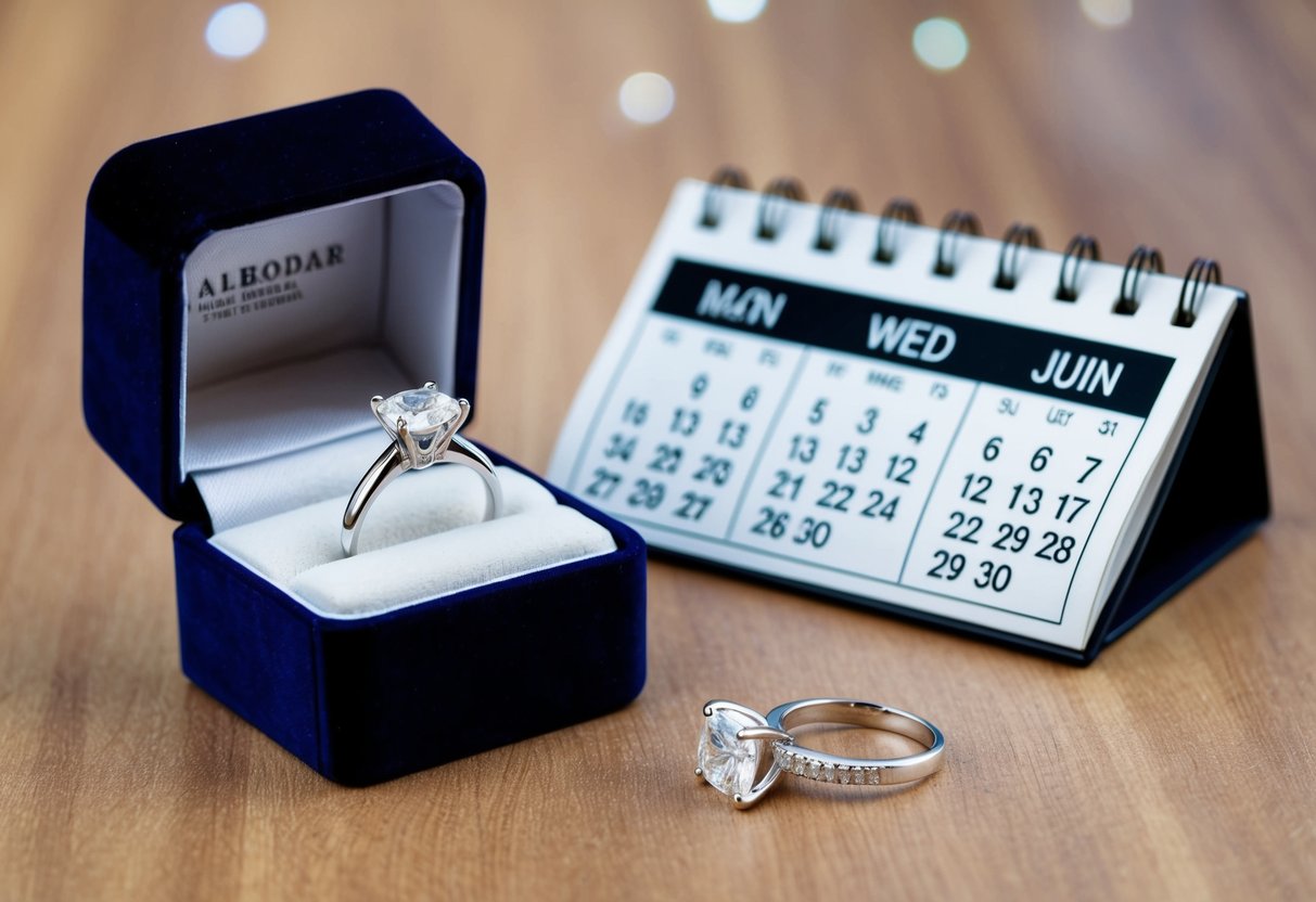 A ring box with a diamond ring and a calendar showing three months from the present date