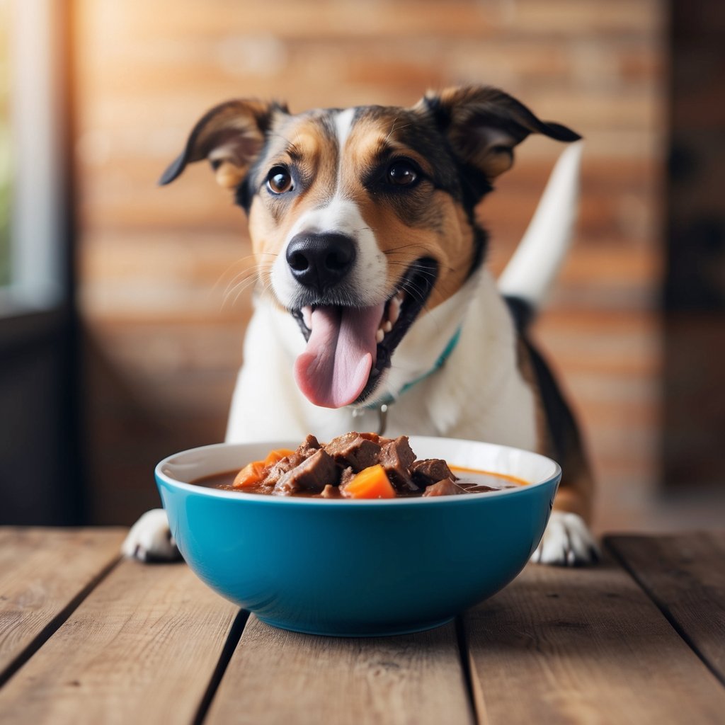 A happy dog eagerly eats from a bowl of hearty beef stew, tail wagging