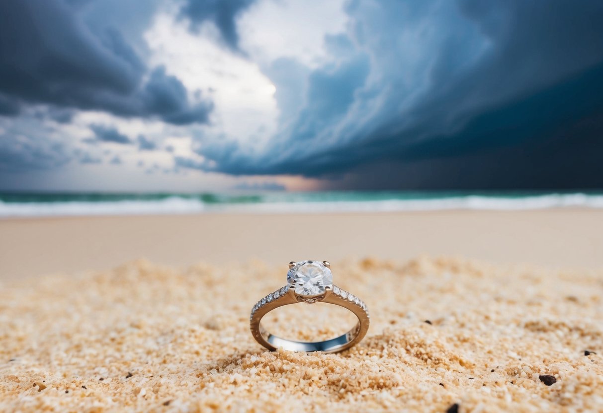 An engagement ring left on a sandy beach, with stormy clouds overhead