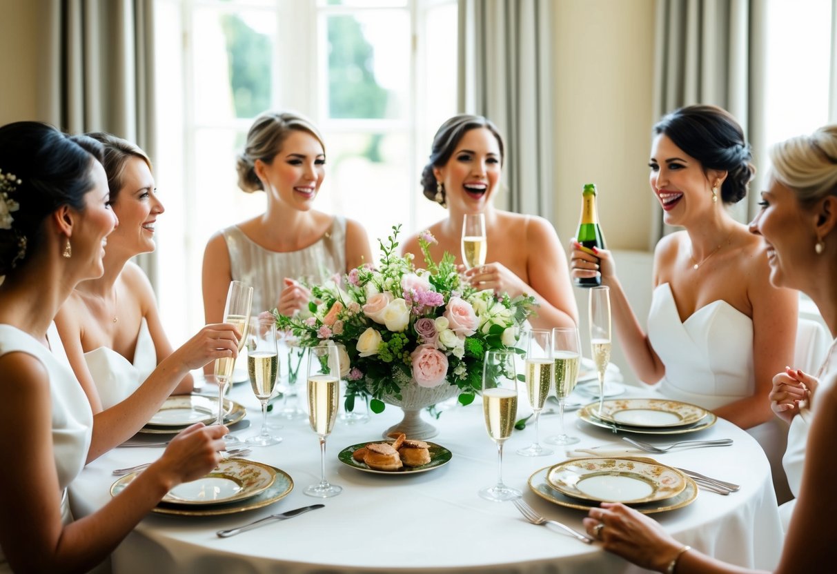 A table set with elegant dishes, flowers, and champagne. Bridesmaids chatting and laughing in a sunlit room