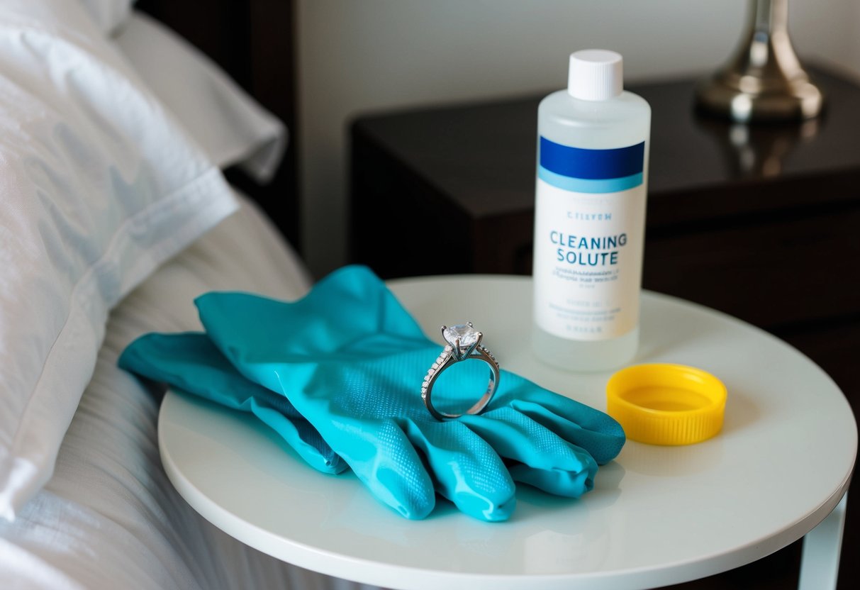 A woman's engagement ring sits on a bedside table, next to a pair of rubber gloves and a bottle of cleaning solution