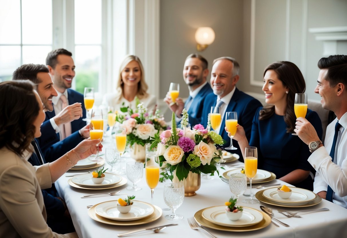 A table set with elegant dishes and flowers, surrounded by happy guests chatting and sipping mimosas