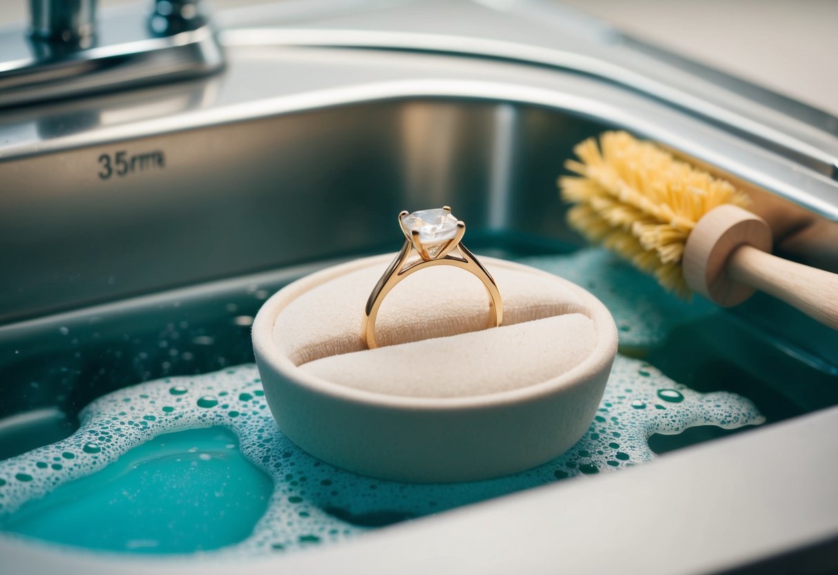 A ring placed on a soft, velvet-lined jewelry dish next to a sink filled with soapy water and a scrub brush