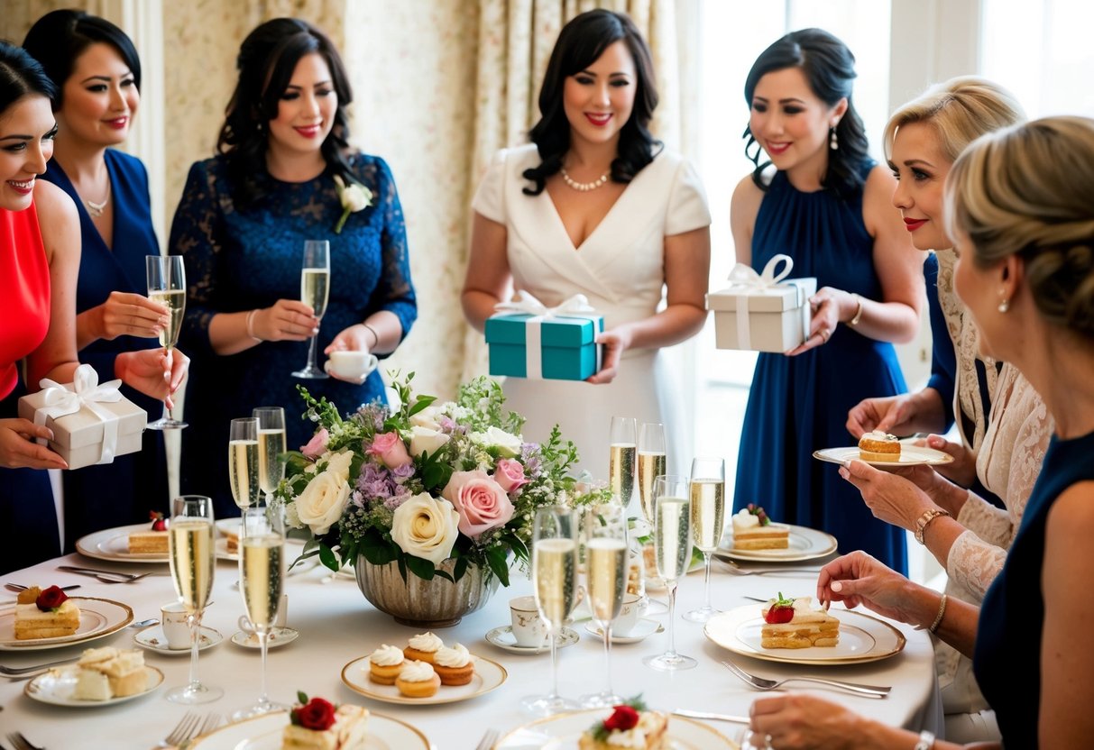 A group of women gather around a table adorned with floral centerpieces and elegant place settings. Champagne flutes and tea cups sit alongside plates of pastries and finger sandwiches. A bride-to-be is the center of attention as she opens gifts