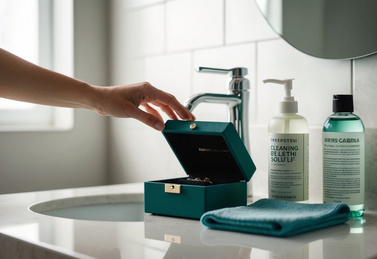 A hand reaches for a jewelry box on a bathroom counter, next to a bottle of cleaning solution and a damp washcloth