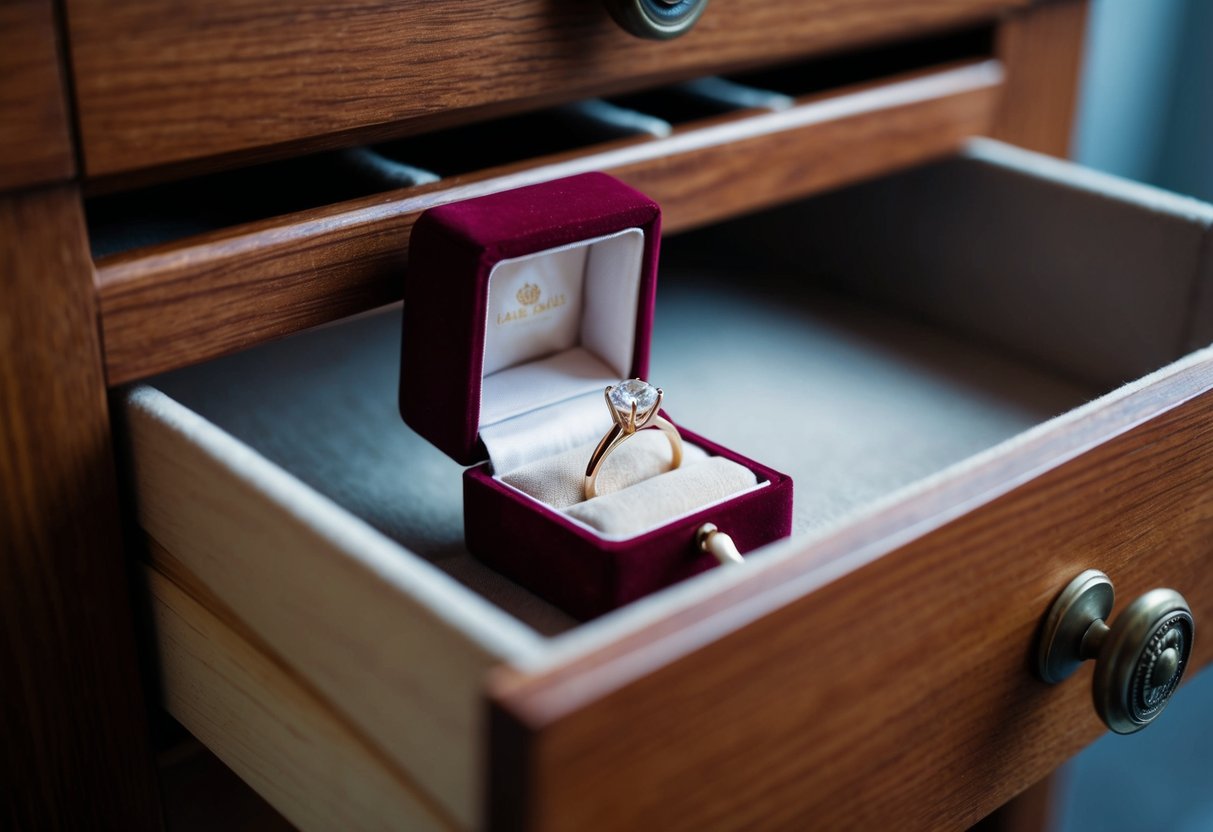 An engagement ring tucked inside a small jewelry box, placed inside a secret compartment in a dresser drawer
