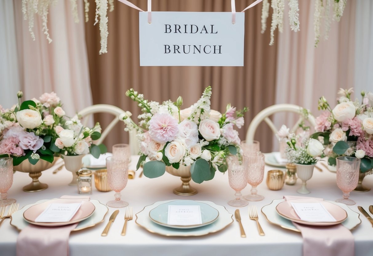 A table set with elegant floral centerpieces, delicate china, and pastel-colored linens. A "Bridal Brunch" sign hangs above, surrounded by soft, romantic decorations