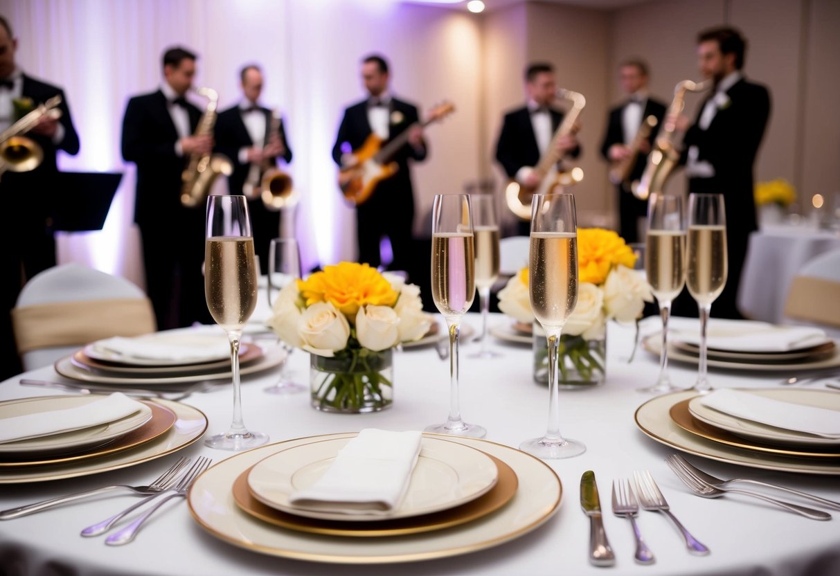 A table set with elegant dishes, champagne flutes, and a live band playing in the background