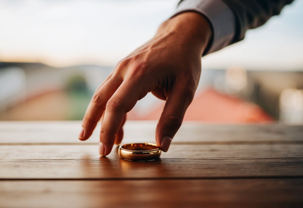 A hand reaching for a simple gold band on a wooden table