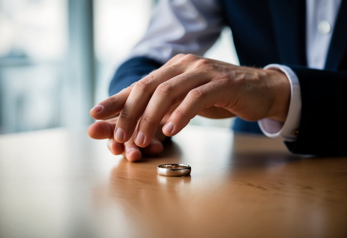 A man's hand reaching for a simple wedding band on a table