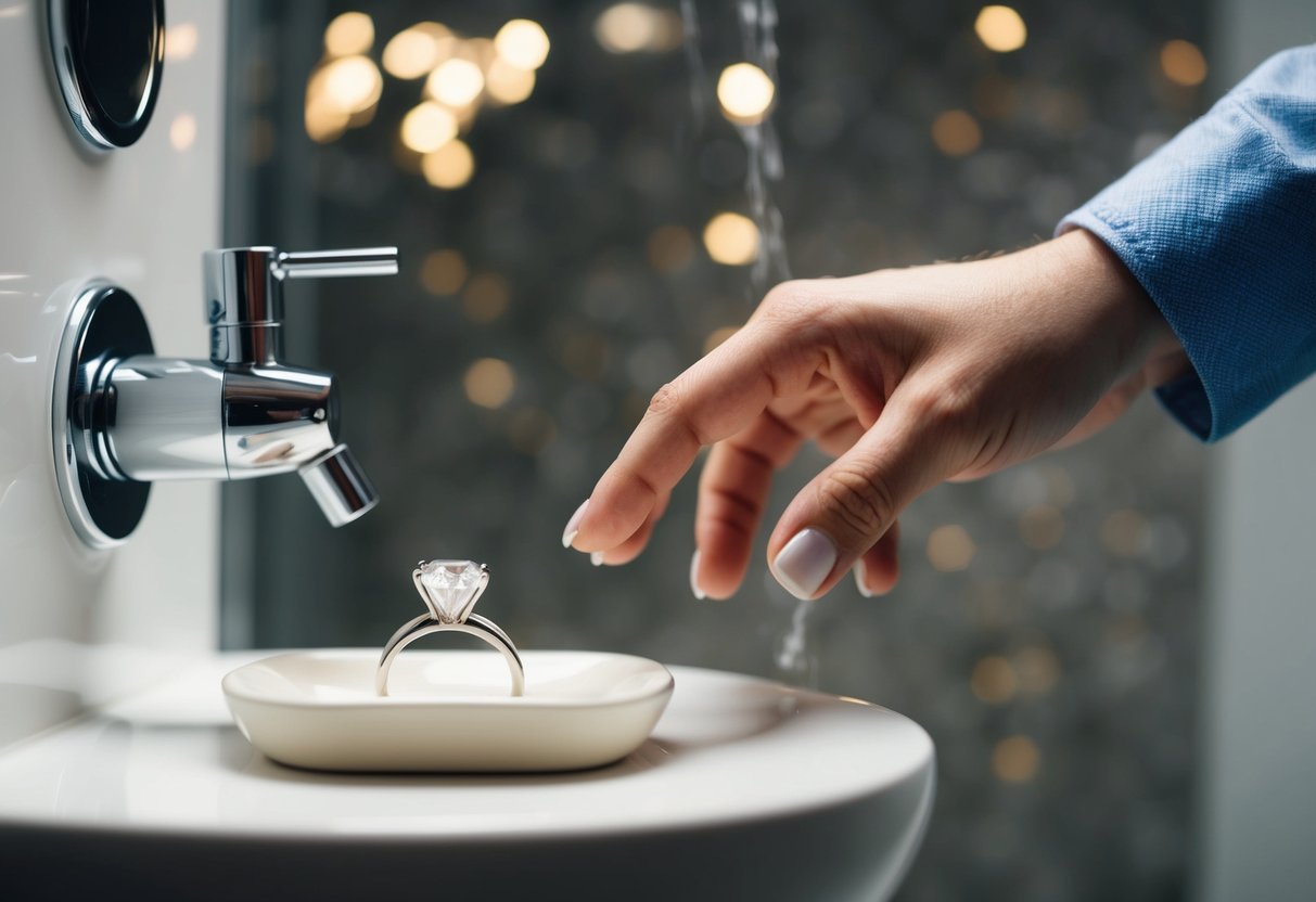 A hand reaches for a shower knob, while a gleaming engagement ring rests on a nearby soap dish, safe from water damage
