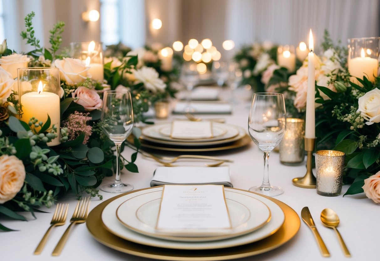 A beautifully set table with elegant place settings, surrounded by lush floral centerpieces and soft candlelight