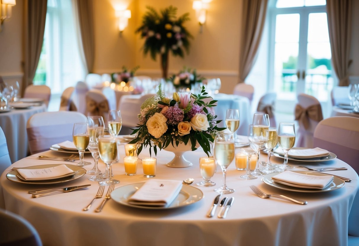 A beautifully set table for a wedding breakfast, with elegant place settings, floral centerpieces, and soft lighting creating a warm and inviting atmosphere