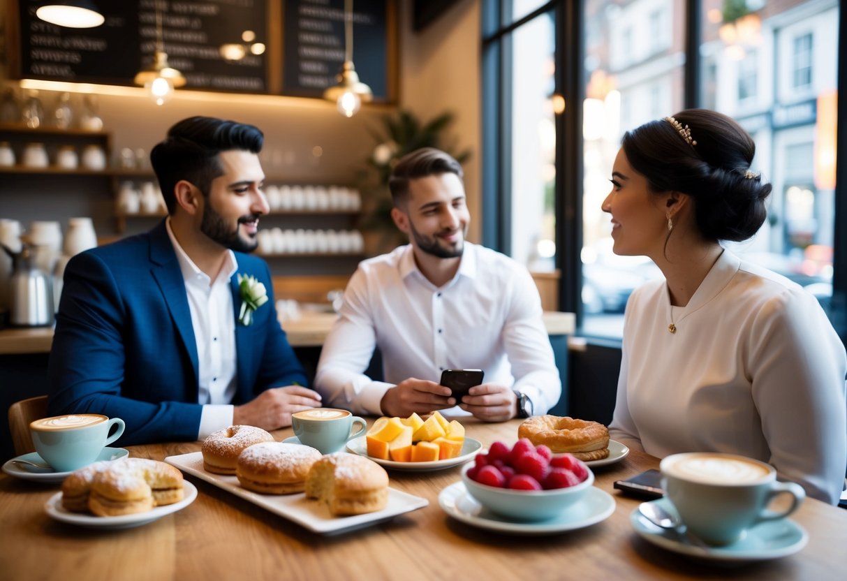 A cozy café with a spread of pastries, fruit, and coffee. A couple discusses their wedding guest list with a planner