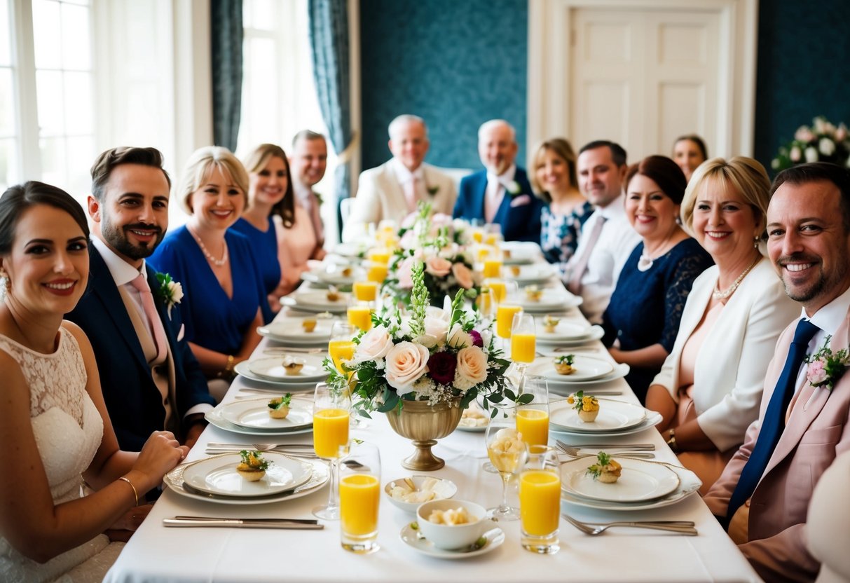 A table set with elegant dishes and floral centerpieces, surrounded by happy guests enjoying a wedding breakfast together